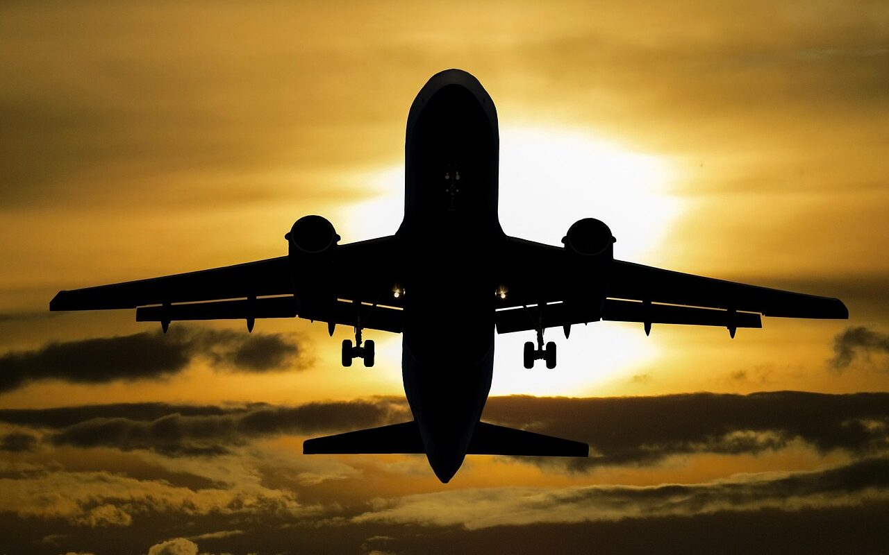 aircraft, sunset, silhouette, clouds, sky, dusk, twilight, airplane, flight, flying, nature, flying plane, transportation, passenger plane, backlighting, plane silhouette